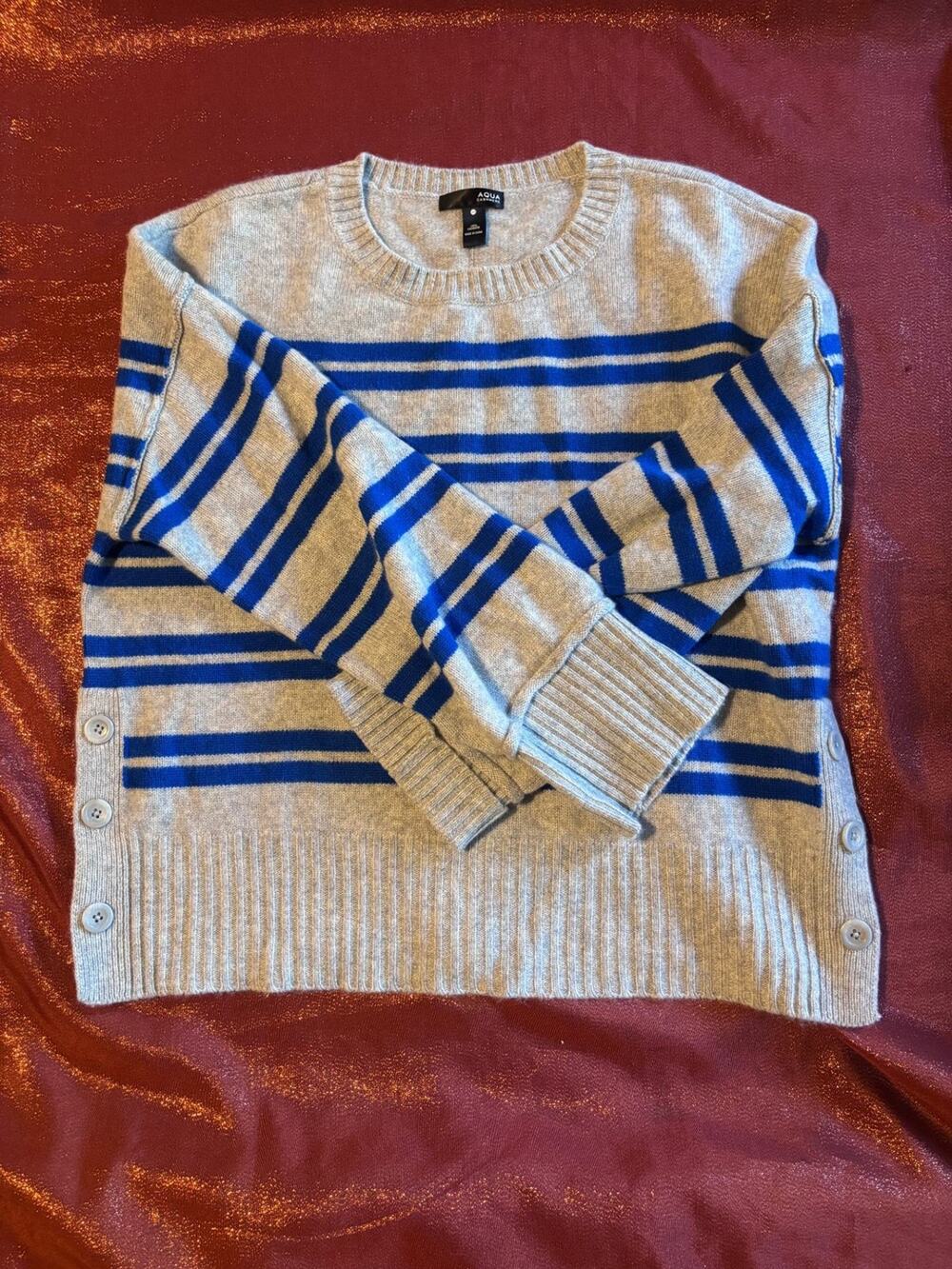 Aqua Cashmere Sweater Womens M Gray Blue Striped Side Button 100% Cashmere
